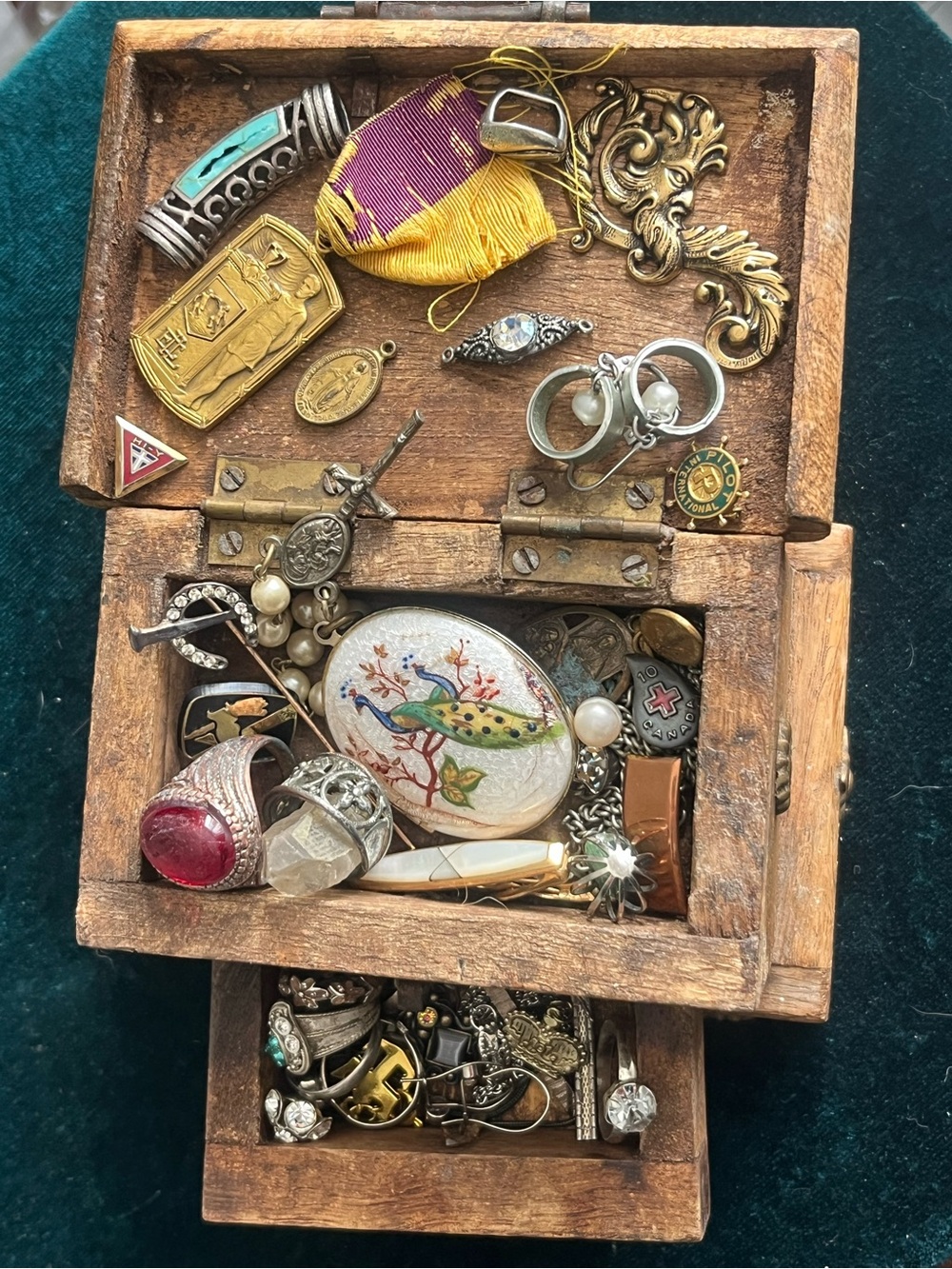 Old Wooden Treasure Box Filled with Vtg Junk Drawer Jewelry & Trinkets